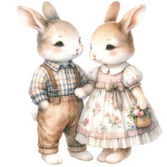 Fototapeta premium Two adorable rabbits dressed in charming outfits, perfect for children's illustrations.