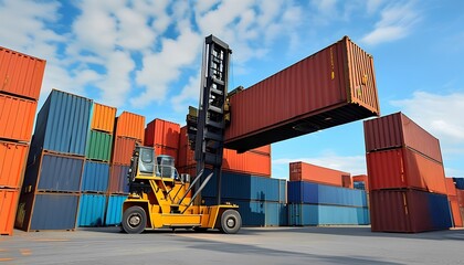 container cargo freight containers Container handling operations shipping yard industrial scene sunset lighting aerial perspective efficiency and logistics