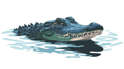 A close-up illustration of an alligator's head and upper body partially submerged in dark, still water. The alligator is predominantly blue-green in color, with visible scales and teeth.