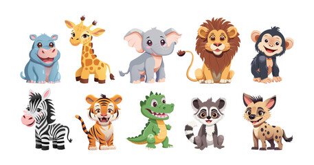 Children’s cute animals set. Hippopotamus Giraffe Elephant Lion Monkey Zebra Tiger Crocodile Lemur Hyena. Vector illustration savannah animals.