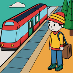 Excited child waiting for a train at the station with a suitcase and backpack against a colorful background