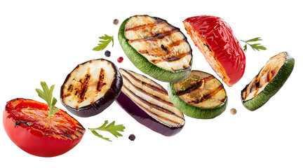 Falling grilled vegetable slices isolated on white background