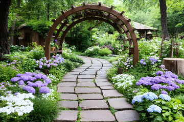 Garden Path, Wooden Archway, Flowers