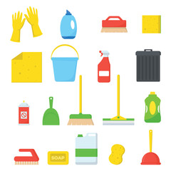 Cleaning kit flat icon set, domestic tools and supplies for cleaning vector illustration