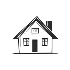 "Simple Black and White Drawing of a House with Triangular Roof, Chimney, Three Windows, and Centered Door