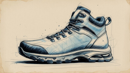 Hiking boot ink sketch. Light blue shoe with laces on beige background. Technical art style drawing with visible lines.
