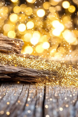 Gold Glitter on Wood Texture, Rustic Table Top, Sparkling Bokeh Backdrop