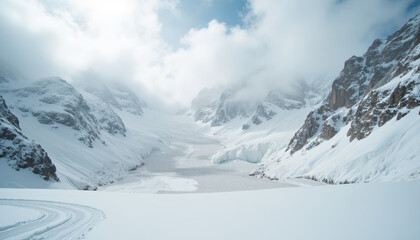 Fototapeta premium Majestic mountain landscape with fresh snow and mist, serene beauty