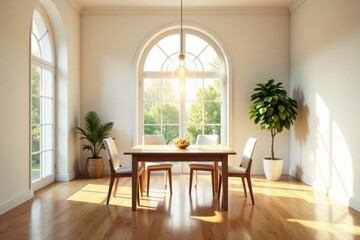 Sunlit Dining Room with Wooden Table and Chairs, Large Arched Windows, and Lush Potted Plants