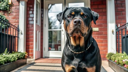 Obraz premium Rottweiler standing guard at home entrance confident canine protector residential setting outdoor front view home security concept
