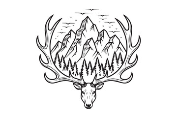 Deer Skull with Mountain Landscape Design VECTOR