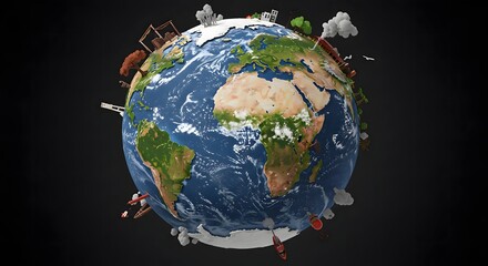 A 3D model of Earth, showcasing various icons representing global impact like factories, trees, and smoke, highlighting environmental issues.