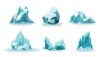 Digital illustration featuring a collection of six icebergs, each with varying shapes and sizes.  The icebergs are depicted in shades of light and dark blue and white, suggesting texture