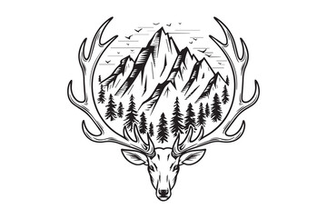 Deer Skull with Mountain Landscape Design VECTOR