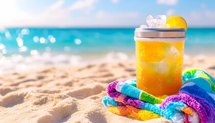 Iced drink on towel, sunny beach background with blue ocean and sky