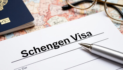 Obraz premium Visa application process with passport and pen on office desk, travel documentation