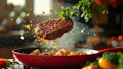 A delicious steak is caught mid-cook, surrounded by fresh tomatoes and herbs. Perfect for food lovers and cooking enthusiasts wanting to inspire culinary creativity. Generative AI
