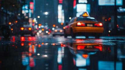 Fototapeta premium Rainy cityscape reflection taxi and traffic in urban background wallpaper nighttime vibes vibrant environment