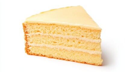 Fototapeta premium Textured lemon cake slice with glossy yellow icing, resting on pristine white surface, showcasing delicate layers and creamy frosting