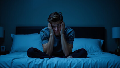 Obraz premium Exhausted young man sitting on bed in dimly lit bedroom, mental strain