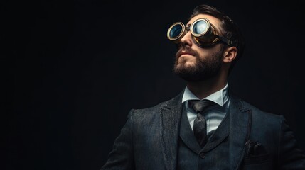 Fototapeta premium A stylish man in vintage goggles poses confidently against a dark backdrop, evoking a sense of adventure and curiosity