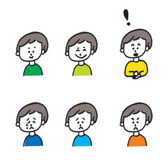 子供,男の子,喜怒哀楽,発見,学び,優しい,Kind-looking boy;Set of 6 Hand-drawn Child Expression Illustrations;Poker Face, Smile, Crying, Discovery, Learning, Anger, Joy, Emotions