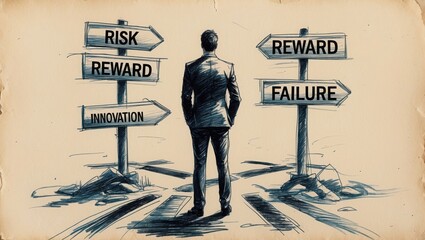 Man standing between signs, drawing style. Arrow signs show risk reward innovation and reward failure, painted dark blue on beige background.