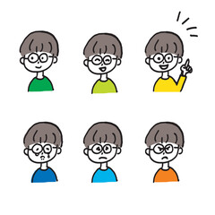 子供,男の子,喜怒哀楽,発見,学び,メガネ,Boy with glasses;Set of 6 Hand-drawn Child Expression Illustrations;Poker Face, Smile, Crying, Discovery, Learning, Anger, Joy, Emotions
