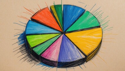 Fototapeta premium Colorful Pie Chart Illustration. Hand drawn style. Round diagram divided into different sections colored in orange, blue, green, pink and yellow on beige paper.