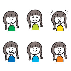 子供,女の子,喜怒哀楽,発見,学び,三つ編み,Girl with braids;Set of 6 Hand-drawn Child Expression Illustrations;Poker Face, Smile, Crying, Discovery, Learning, Anger, Joy, Emotions