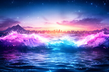 Obraz premium Neon Waves at Night City Sunset