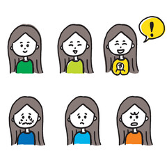子供,女の子,喜怒哀楽,発見,学び,Girl with long hair;Set of 6 Hand-drawn Child Expression Illustrations;Poker Face, Smile, Crying, Discovery, Learning, Anger, Joy, Emotions