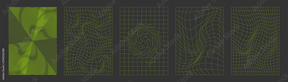 Poster y2k style warped grid background set with neon green lines on dark surface. abstract geometric defor