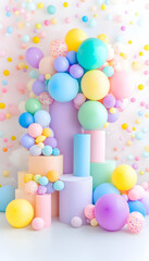 Pastel Balloons cascade near pillars, confetti falling down, in studio setting