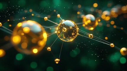 Golden spheres elegantly interconnect against a deep green backdrop glowing softly. AI Generated