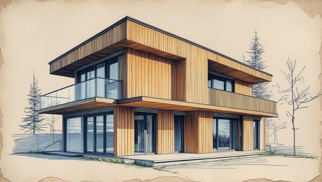 Modern two story house with wood siding and large windows sketched on parchment. Building has balcony and trees around it in architectural drawing style.