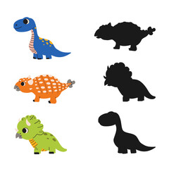 Cute dinosaur, find correct shadow shape. Children education puzzle matching game. Search right silhouette. Kid logical task. Vector hand drawn illustration