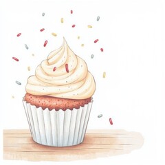 A delightful cupcake topped with creamy frosting and colorful sprinkles, set on a wooden surface, perfect for sweet celebrations.