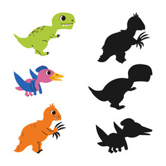 Cute dinosaur, find correct shadow shape. Children education puzzle matching game. Search right silhouette. Kid logical task. Vector hand drawn illustration