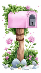 Fototapeta premium Pink Mailbox, Floral Garden, Illustration
