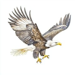 Obraz premium A majestic eagle soars through the air, showcasing its powerful wings and sharp features, symbolizing freedom and strength.