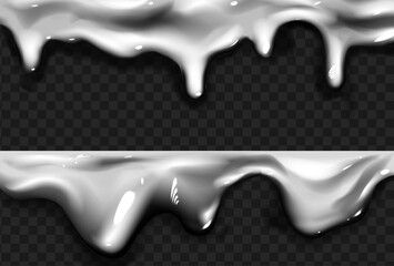 Fototapeta premium Liquid silver drips on transparent background - metallic molten drops and blobs with shadows. Trendy decorative element or overlay for graphic design. Realistic glossy metal shiny fluid splashes.