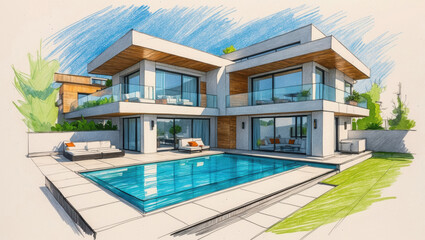 Fototapeta premium Modern house pencil sketch with pool. White building with blue sky and green plants. Home exterior with furniture on terrace.