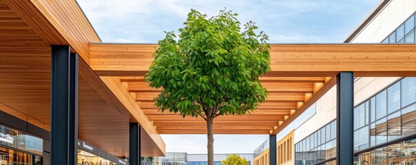 Fototapeta premium Modern architecture featuring a central tree in a structured space.