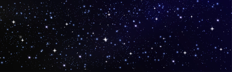 Obraz premium Outer starry night with bright sparkle elements scattered across dark cosmos. Twinkling celestial bodies illuminate space on mystical atmospheric backdrop. Glowing stellar astronomical pattern.