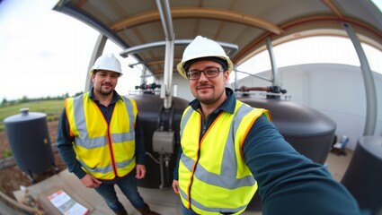 Two engineers inspecting water tanks. Description. Two male engineers wearing hard hats and safety vests inspect large water tanks at an outdoor industrial facility.