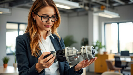 Engineer inspecting robotic arm part. Description. A female engineer examines a component of a robotic arm on a desk in a modern office or lab.