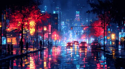 Fototapeta premium Vibrant Neon Cityscape Night Rain Reflects Light. AI Generated