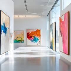 A Contemporary Art Gallery with a Long Hallway Lined with Large Abstract Paintings on White Walls and Polished Floor, Featuring Track Lighting and Large Windows