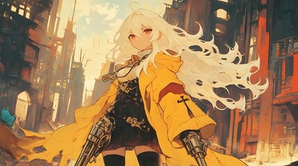 A girl with long white hair stands in the middle of a ruined city, she holds an antique weapon, watercolor anime style